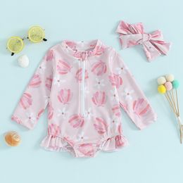 ma&baby 0-24M Newborn Infant Toddler Baby Girls Swimwear Shell Long Sleeve Swimsuit Ice Cream Print Zip Up Bathing Suit