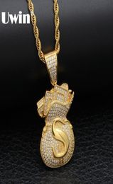 Uwin US Money Bag Necklace Pendant Full Bling Cubic Zirconia Iced Out Gold Chains Silver Gold Colour Hiphop Jewellery For Men3005714