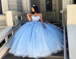 Abendkleider Sweet 16 Prom Dresses Sweetheart 3DApplique Sky Blue Tulle Quinceanera Dresses Long Party Formal Gowns6161693