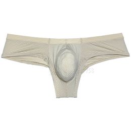 Sexy Men's Stripe Thin Ice Silk Bikini Boxer Briefs Panties Mini Enhance Pouch Boxers Underwear Underpants Slips Man