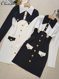 Casual Dresses 2024 Spring Fashion Polo Collar Long-Sleeved Dress High-End Commuter Gold Buckle Black And White Stitching Elegant