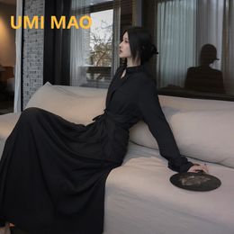 UMI MAO Chinese Style Dress Elegant Stand Up Neck Flare Sleeves Wrap Waist Show Slim Mid Length Black Drop Zen Dresses 240402