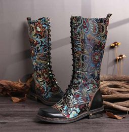 Boots SOCOFY Flowers Pattern Colourful Stitching Elegant Zipper Lace Up Flat Mid Calf Shoes Women Botas Mujer4624765