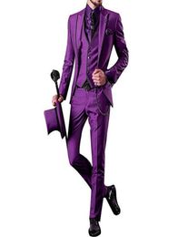 Handsome Purple Wedding Groom Tuxedos Slim Fit with Peaked lapel Men Suits Three Piece Groomsmen Suit Jacket Pants Vest3353543