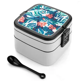 Dinnerware Free Falling Bento Box Lunch Thermal Container 2 Layer Healthy Abstract Pattern Nature Water Leafs Flowers Blue