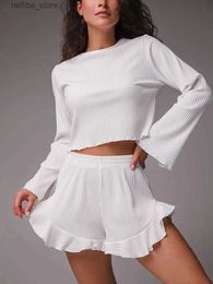 Sexy Pyjamas Marthaqiqi White Casual Femme Nightgowns Set O-Neck Sleepwear y Crop Top Pyjama Long Sleeve Nightie Shorts Women Pyjamas Suit L410