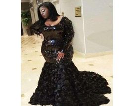 Black Sequins Mermaid Evening Dresses Scoop Neck with Hand Made Flowers Long Sleeve Plus Size Prom Gowns Robe De Soiree2137460