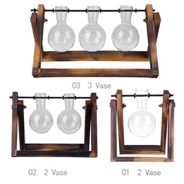 Glass Transparent Plant Bonsai Swing Bottle Vase Wooden Frame Birthday Gift Yard Pot Garden Desktop Landscape Supplies