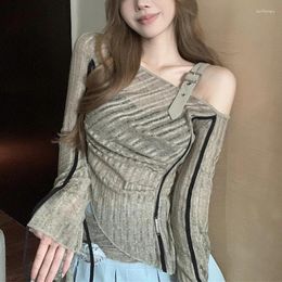 Women's T Shirts Vintage One Shoulder Knit Slim Fit Irregular Hem Shirt Korean Grunge Y2K Crop Tops Summer Ruched Long Sleeve Tees