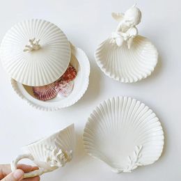 Cups Saucers European High-End Vintage Relief Ceramic Creamy-White Shell Coffee Cup And Saucer Afternoon Tea Set Turkish Mugs