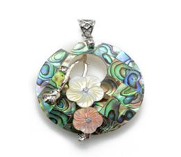 Handmade Jewellery Round Paua Abalone Shell Pendant with Yellow and Pink Flowers Unique Jewellery 5 Pieces9437794