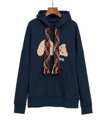 New trendy brand sweater webbing hoodie rope hooded plus fleece sweater bear woolen embroidery pattern3089743