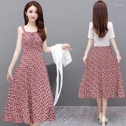 Work Dresses Dress Suit Women's Fashion Summer Style Bandage Retro Printed Chiffon Sleeveless And Blouse Two-piece G142