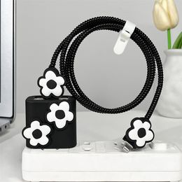 Luxury Cute Black And White Flower Paw USB Cable Protector Cover For iPhone 18W-20W Data Line Bite Head Cord Fast Charging Case