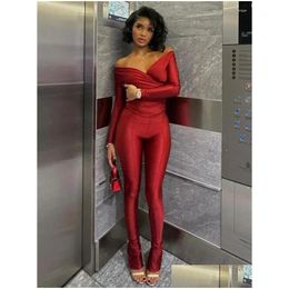 Womens Two Piece Pants Skinny Women Set Y Deep V Crop Tops High Waist Cyber Y2K Outfits Slim Suits Streetwear Off Shoder Drop Delivery Dhap8