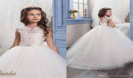 Ball Gown Flower Girls Dresses Jewel Backless sleeveless Appliques with big Bow Tulle Tiered Skirts Communion Dress8384713