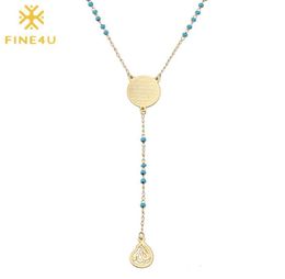 FINE4U N314 Stainless Steel Muslim Arabic Printed Pendant Necklace Blue Color Beads Rosary Necklace Long Chain Jewelry2749132