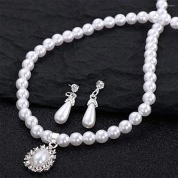 Necklace Earrings Set Stylish Elegant Alloy Delicate Dangle Rhinestone Pearl Girl Ear Drop Bridal Fashion Jewellery