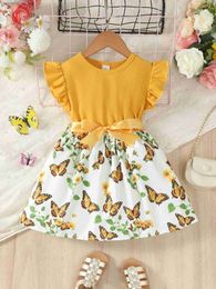 Girl's Dresses New 2024 Kid Girl Princess Dress Flower Flutter Sleeve Skirt with Bow Summer Lovely Party Clothing for Children Girl 4-7 Years Y240412