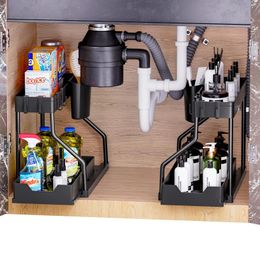 Kitchen Storage Under Sink Organizer 2-Tier L-Shape Sliding Organizers And Pull Out Counter