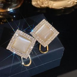 Stud Earrings Trendy Shiny Full Rhinestone Square For Women High Quality Opal Temperament Europe And America Jewelry