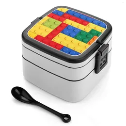 Dinnerware Colourful Bricks Design Bento Box School Kids Office Worker 2Layers Storage Variety Toy Blue Red Yellow Green