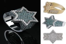 Real Gold White Gold Dark Green Iced Out Cubic Zirconia Hexagonal Star Finger Band Ring Colour Preserve Bling Diamond Rapper Ring3613601