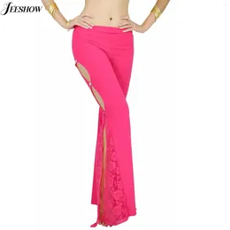 Stage Wear Womens Belly Dance Pants Side Split Flare Floral Lace Patchwork Bell Bottoms Performance Costume Trouser
