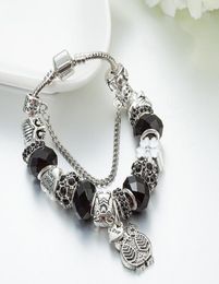 Strands Charm 925 silver bracelet black beads, owls and Diy flowers for women's charms8243408