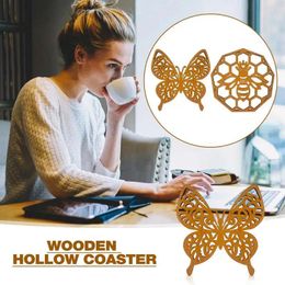 Table Mats Hollowed Out Wooden Coasters Elegant Wood For Coffee Bee Butterfly Design Rustic Hollow Cup Mat