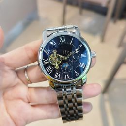 高級メンズウォッチムーンフェーズトップブランドデザイナーメンメカニカルオートマチックウォッチすべてのステンレススチールバンドの防水フライホイール腕時計
