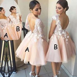 Short Bridesmaid Dresses With D Floral Applique Long Sleeves Halter Scalloped V Neck Tulle Straps Custom Made Maid