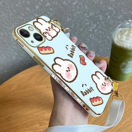 Rabbit Strawberry Lanyard Plating Phone Case For iPhone 8 7 6 6S Plus 14 13 12 11 Plus Pro Max Mini SE2020 X XR XS Cover