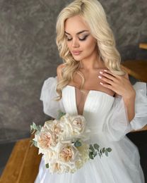 Sexy Pleat V-neck Tull Organza Wedding Dresses Corset Back Detachable Puff Sleeves 2024 Vestido De Noival