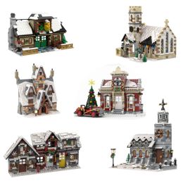 MOC Winter Village Cafe Winter Church Building Block Kit City Street View Architecture Toys for Kids Christmas Gifts