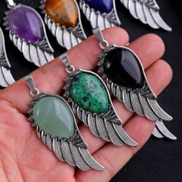 Natural Crystal Necklace Angel Single Winged Pendant Natural Gem Necklaces Jewellery Healing Stone Necklaces for Women Angel Wings