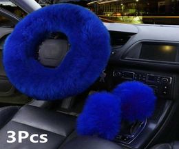 3Pcs Fur Car Steering Wheel Cover Mature Gem Blue Wool Furry y Thick Winter5734512