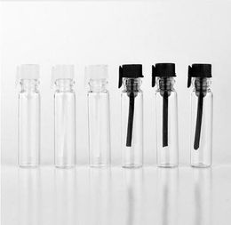 DHL 1ml Mini Glass Perfume Bottle Small Glass Parfume Sample Vials Tester Trial Bottles with Clear Black Stoppers 1000Pcs2338109