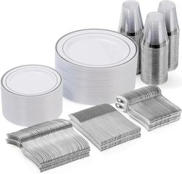 Disposable Dinnerware 300 Piece Silver Plates For Guests Plastic Set Of 50 Dinner Salad Spoons