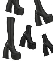 Designerstiefel nackte Wolfe -Stiefel hohe Gewürz schwarze Stretchnarbe Secret Black Jailbreaker Jennies Sassy Women Leder Slip auf FO840988