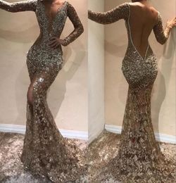 Sparkly Lace Evening Dress Illusion Long Sleeve Sheer Neck Formal Party Gowns Sexy Front Slit Backless Prom Dress Dubai Vestidos6232128