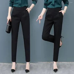 Women's Pants Women Solid Colour Suit High Waist Elastic Waistband Slant Pockets Slim Fit Casual Long Trousers Workwear