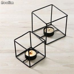 Candle Holders NOOLIM Creative Iron Geometric Cube Candlestick Rectangular Vintage Retro Decorative Ornaments Home Wedding Decor