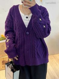 Womens Knits Vintage Star Embroidered Dark Purple Knitted Cardigan Tops Y2k Streetwear Loose v Neck Long Sweater