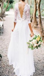 2019 New Bohemian Wedding Dresses Lace Long Sleeves Vneck Low Back Aline Chiffon Plus Size Summer Beach Country Bridal Wedding G2394792