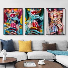 Graffiti Cool Girl Drinking Juice Wall Art Poster Sexy Woman Abstract Pop Mural Modern Home Decor Canvas Painting Pictures Print
