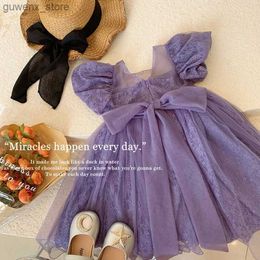 Girl's Dresses New Girls Party Dress Summer Elegant Princess Dress Purple Mesh Dress 1-9 Years Kids Bow Birthday Party Clothes Y240412Y240417E190