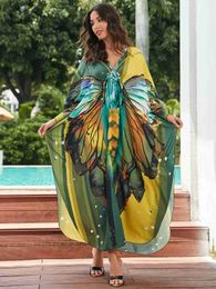 Basic Casual Dresses Fashion V Neck Butterfly Printing Long Slve Plus Size Kaftans Maxi Dresses 2024 Summer/Autumn Women Beach House Dress Q1588 T240412