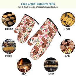 Dachshunds Dog with Floral Oven Mitts 2pcs Non-Slip Heat Resistant Kitchen Gloves for Cooking Baking Grilling Microwave Ovens
