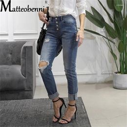 Women's Jeans 2024 Vintage Skinny Four Buttons High Waist Pencil Women Slim Fit Stretch Denim Pants Ripped Street Tight Trousers